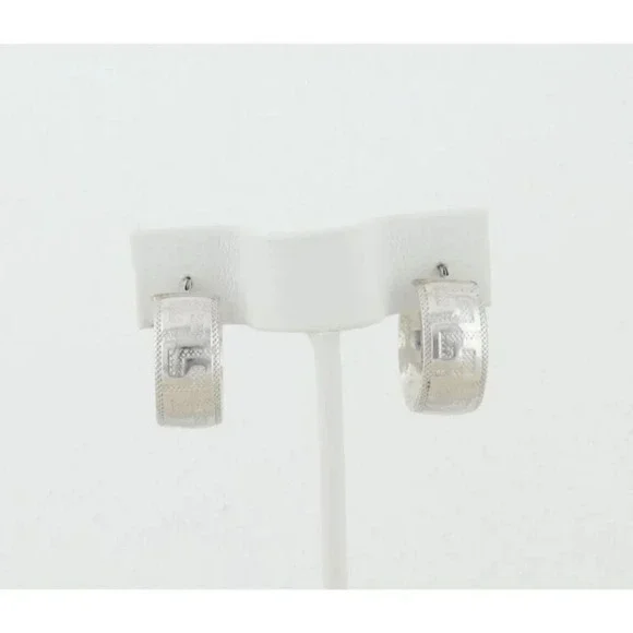 14k White Gold Hollow Lightweight Greek Key Hoop Earrings 3/4" Hoops - Picture 5 of 7